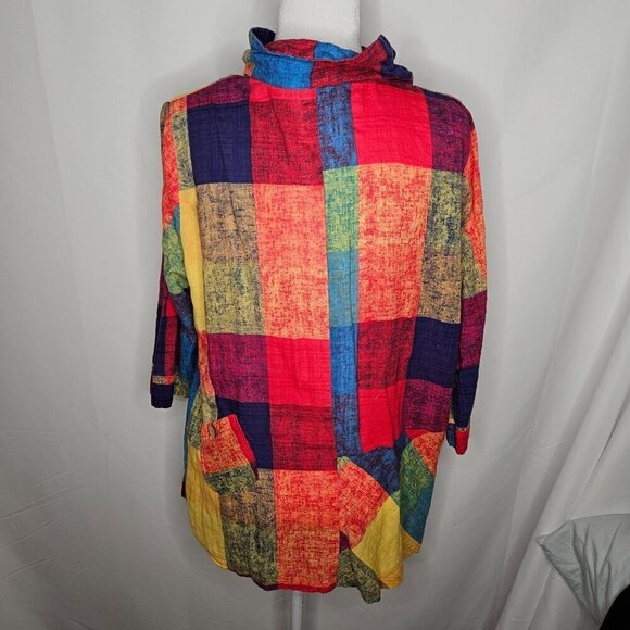 TERRA SJ Apparel Patchwork Multicolor Button Shirt Ruffle Collar Tunic Large - Picture 6 of 13